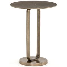 a round metal table with two legs and a circular top on an iron base, against a white background