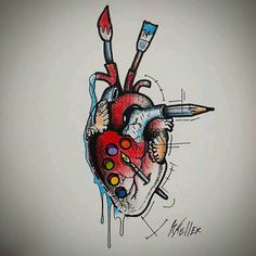 a drawing of a heart with paintbrushes and an artist's palette on it