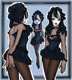 a drawing of two women dressed up in goth clothing, one is wearing a black corset and the other has dark hair