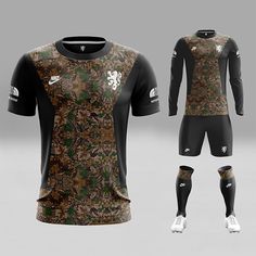 the front, back and side view of a camo jersey with knee pads on