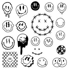 various smiley faces drawn in black and white with barbed wire around them, including one on the