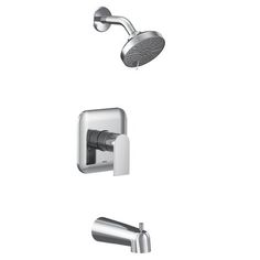 the shower faucet is shown in chrome