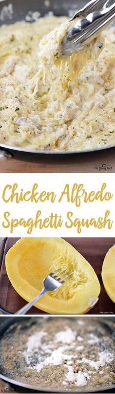 chicken alfredo spaghetti squash is being cooked in a skillet and then topped with parmesan cheese