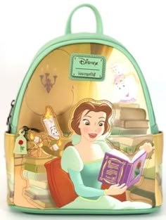 a princess backpack with an image of the disney character on it's front pocket