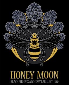 the honey moon logo with a bee on it and flowers in the center, against a black background