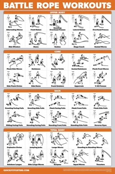 the battle rope workouts poster is shown in orange and white, with instructions on how to