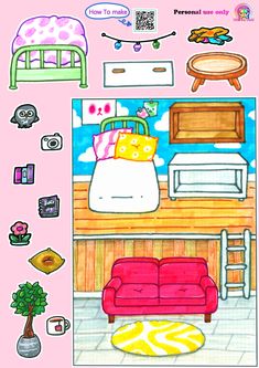 a drawing of a bedroom with furniture and decor on the walls, including a couch