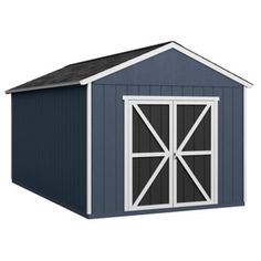 a blue and white storage shed with the door open to let in some light inside