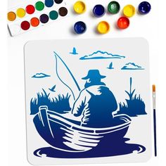 an image of a man in a boat with watercolors and paintbrushes