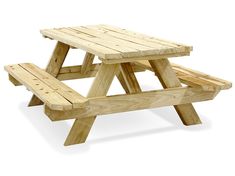 a wooden picnic table sitting on top of a white floor