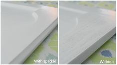 two pictures showing the different stages of painting with white paint on canvases and wood planks