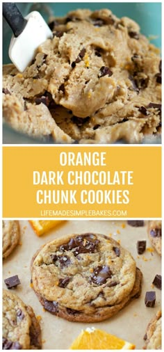 orange and chocolate chunk cookies with text overlay that reads orange dark chocolate chunk cookies