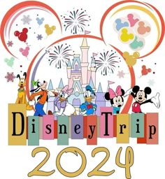 the disney trip logo with mickey mouse and other characters in front of fireworks at disneyland