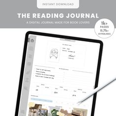 the reading journal is displayed on an ipad with a pen and paper next to it