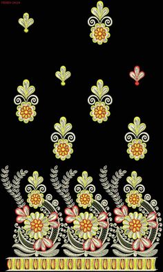 an ornate design with flowers and leaves on a black background