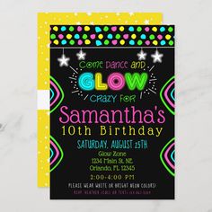 glow birthday party card with neon colors and confetti