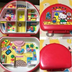 two pictures of the inside of a hello kitty lunch box