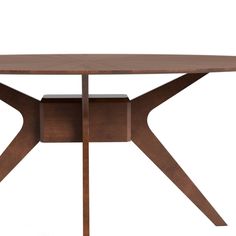 a wooden table with two intersecting legs and an oval shaped center piece on the top