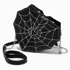 You'll Be The Hit Of Every Halloween Event When You Stroll In Carrying This Spider-Themed Crossbody Bag! It's Just The Right Size For The Little Essentials You'll Need, Like Your Keys, Cash, Cards, And Makeup For Touchups. You'll Love This Stylish Faux-Leather Bag So Much That You'll Probably Continue Carrying It All Year Long. The Half-Chain Crossbody Strap Is Adjustable For Comfort, And It Also Detaches If You'd Rather Use This As A Clutch Bag Instead. Adjustable/Detachable Crossbody Strap 6.5 Heart Shaped Clothes, Spider Outfit, Goth Bags, Gothic Bags, Web Heart, Goth Bag, Goth Purse, Funky Purses, Cool Purses