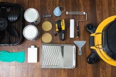 various tools are laid out on the floor