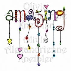 an embroidery design with the word amazing hanging from it's strings and hearts on them