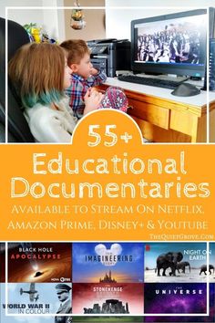 the front cover of 55 educational documentations available to stream on netflix and amazon prime