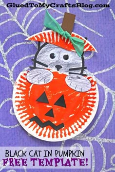 a paper plate that has a cat in a pumpkin on it with the words, black cat in pumpkin free template