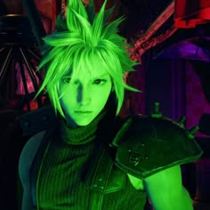 a man with green hair is standing in front of a neon colored background and looking at the camera