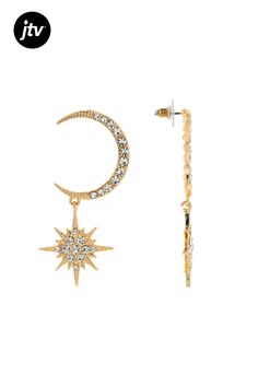 Off Park �� Collection, White Crystal Gold Tone Celestial Moon and Star Dangle Earrings. Measures approximately 2.33"L x 1.13"W. Push back backing. Star Dangle Earrings, Yellow Pearl, Cubic Zirconia Bracelet, Rings Jewelry Fashion, Moon And Star, Cubic Zirconia Earrings, Ring Pendant Necklace, Metal Accessories, Zirconia Earrings