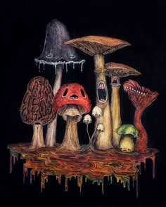 a painting of mushrooms and other things on a table with dripping paint drips all over it