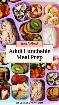 the lunch box is filled with lots of different foods and has text overlay that reads back to school adult lunchable meal prep