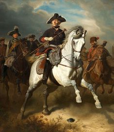 a painting of a man riding on the back of a white horse next to other men