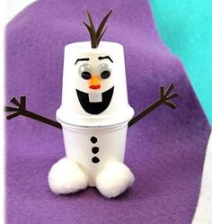 a paper cup that has been made to look like a snowman with his arms and legs extended