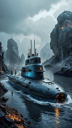 a submarine floating on top of a body of water next to rocky mountains and cliffs