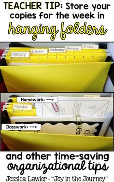 three yellow folders stacked on top of each other with text reading teacher tip store your copies for the week in hanging folders and other times - saving organization tips