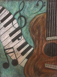 a drawing of a guitar and piano with musical notes on it's back side