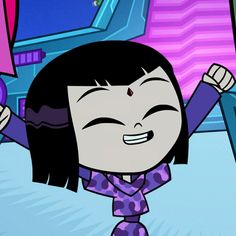 an animated girl with black hair and purple clothes holding up her arms in the air