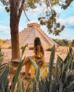 a woman sitting on a bench in front of a tree with an ancient structure in the background