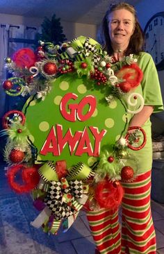 This over the top Christmas Wreath is huge and so full! The Go Away theme of this door wreath brings some whimsy to your Christmas decorations and is perfect for the lovers of the grouchy guy! It will be the star and center of attention on your door the holiday season! It's sealed to last many seasons as long as it's protected from direct extreme elements. This Christmas decor item is perfect for indoors or out. It looks amazing on a Fireplace mantle or in an entryway as well! Wreaths For Front Door Christmas Grinch, Funky Wreaths, Grinch Christmas Wreath, Christmas Mesh Wreaths Grinch, Grinch Grapevine Wreath, Merry Grinchmas Wreath, Grinch Christmas Wreaths & Garlands, Grinch Wreath, Candy Christmas Tree