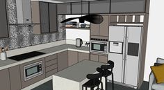 a drawing of a kitchen with an island, stove and microwave in it's center