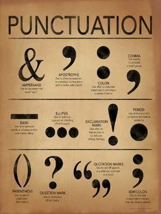 an old poster with the words punctuation and symbols in black on brown paper