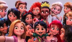 an image of many different disney princesses with their faces together and looking at the camera