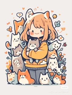 a girl is hugging her cat surrounded by cats