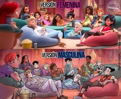 cartoon characters sitting on couches in front of a tv screen with the caption, version femenina veroni mascuna