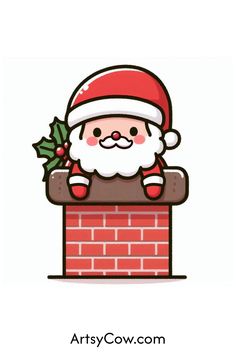 santa claus is sitting on top of a brick chimney with holly branches in his hand