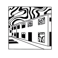 a black and white drawing of a building with abstract designs on the front, as if it were an art project