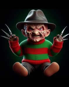 a creepy looking man in a green and red striped sweater with claws on his hands