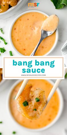 two white bowls filled with different types of food and the words bang bang sauce above them