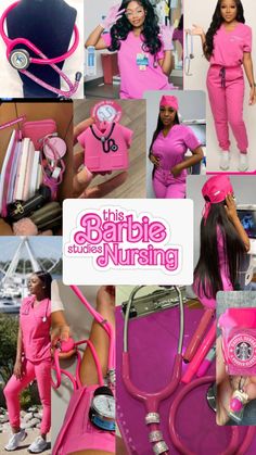 the collage shows various images of women in scrubs and pink outfits, including a doctor's stethoscope