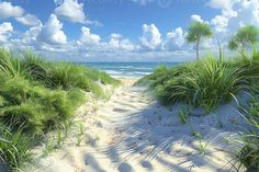 a sandy path leading to the ocean with palm trees on either side and clouds in the sky